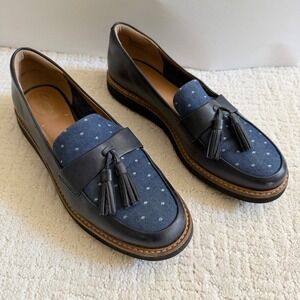 Clarks Artisan Women Navy Blue Denim Tassel Loafers Platform Comfort Shoes 7.5